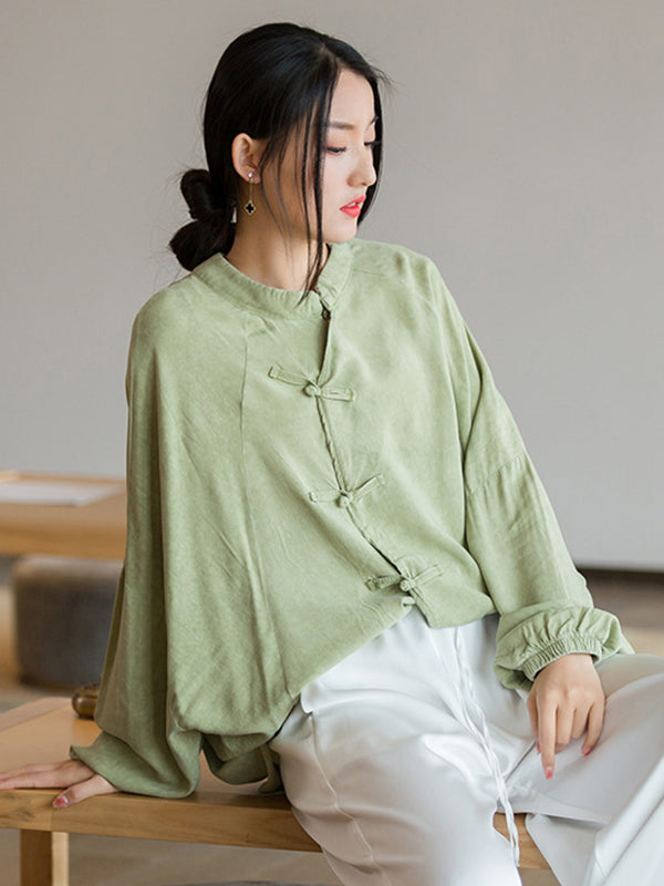 flowersverse Artistic Retro Loose Long Sleeves Buttoned Solid Color Stand Collar Blouses&Shirts Tops