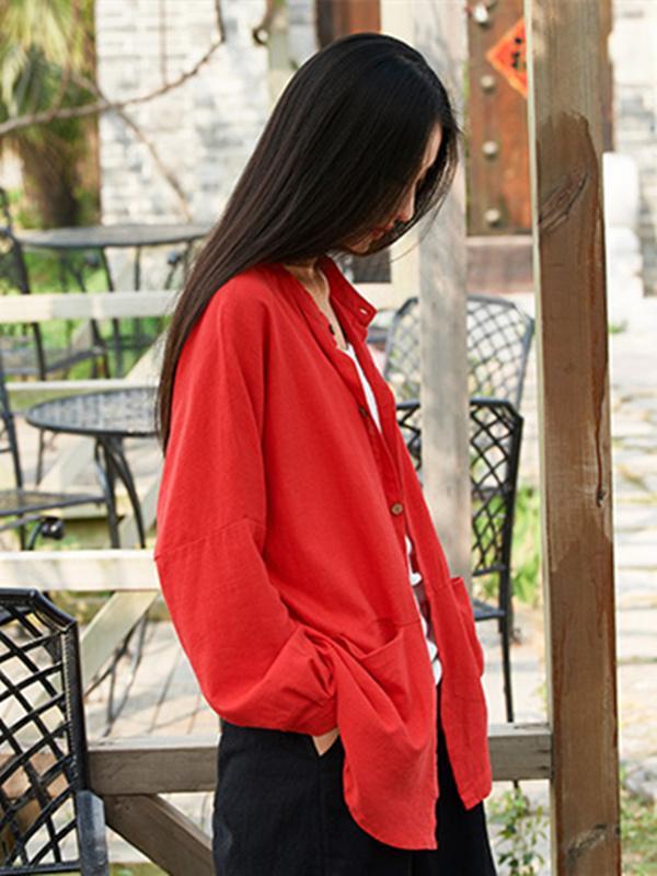 flowersverse Soft Red Ramie Cotton Blouse Outwear