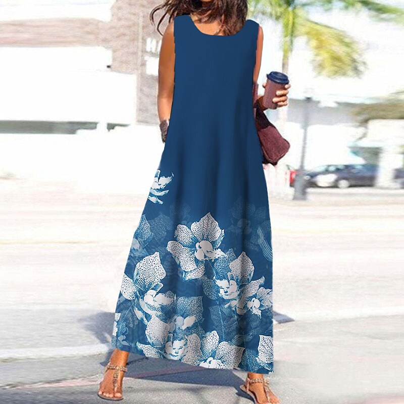 flowersverse Women's Casual Dress Shift Dress Long Dress Maxi Dress Navy Blue Blue Green Sleeveless Floral Print Spring Summer U Neck Vacation S M L XL XXL 3XL