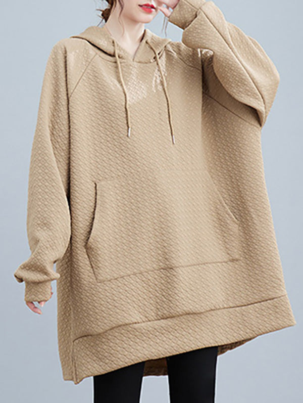 flowersverse Buttoned Drawstring Pockets Solid Color Split-side High-low Long Sleeves Hooded Hoodies Tops