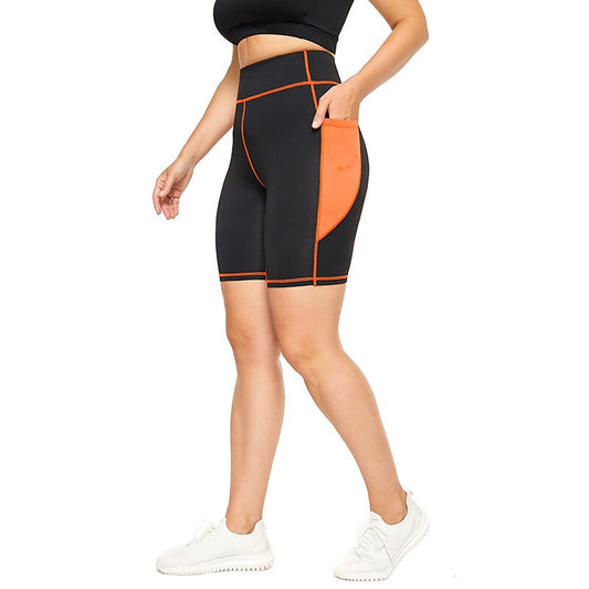 flowersverse Women's Yoga Shorts Side Pockets Tummy Control Butt Lift Quick Dry High Waist Yoga Fitness Gym Workout Shorts Bottoms Color Block Black Spandex Plus Size Sports Activewear High Elasticity Skinny