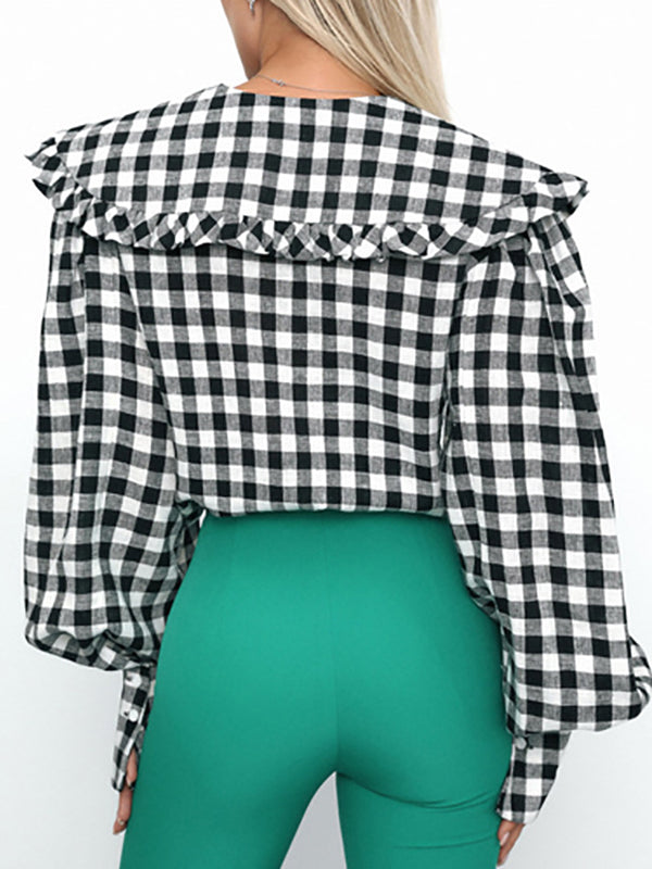 flowersverse Plaid Long Sleeves Loose Peter Pan Collar Blouses&Shirts Tops