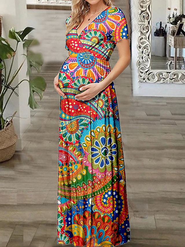 flowersverse Women's Maternity Dress Casual Dress Summer Dress Floral Long Dress Maxi Dress Short Sleeve Print V Neck Romantic Daily Red Spring Summer S M L XL XXL