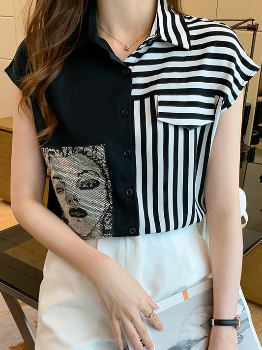 flowersverse Asymmetric Figure Printed Cap Sleeve Loose Lapel Blouses&Shirts Tops