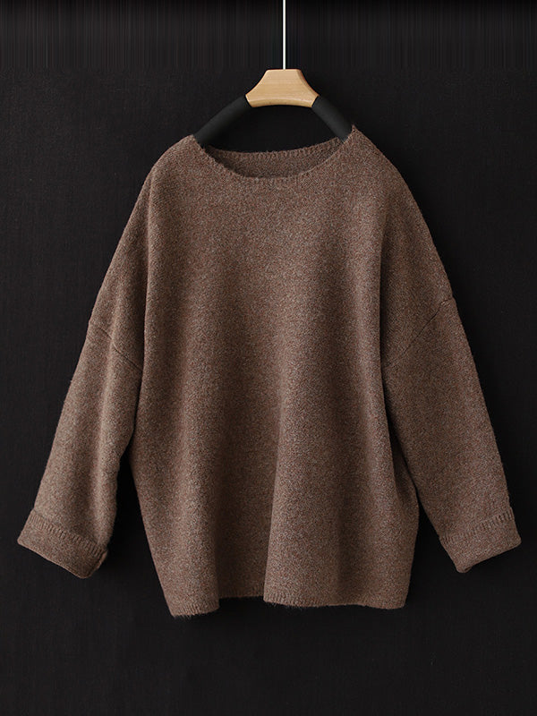 flowersverse Simple Long Sleeves Loose Solid Color Round-Neck Sweater Tops