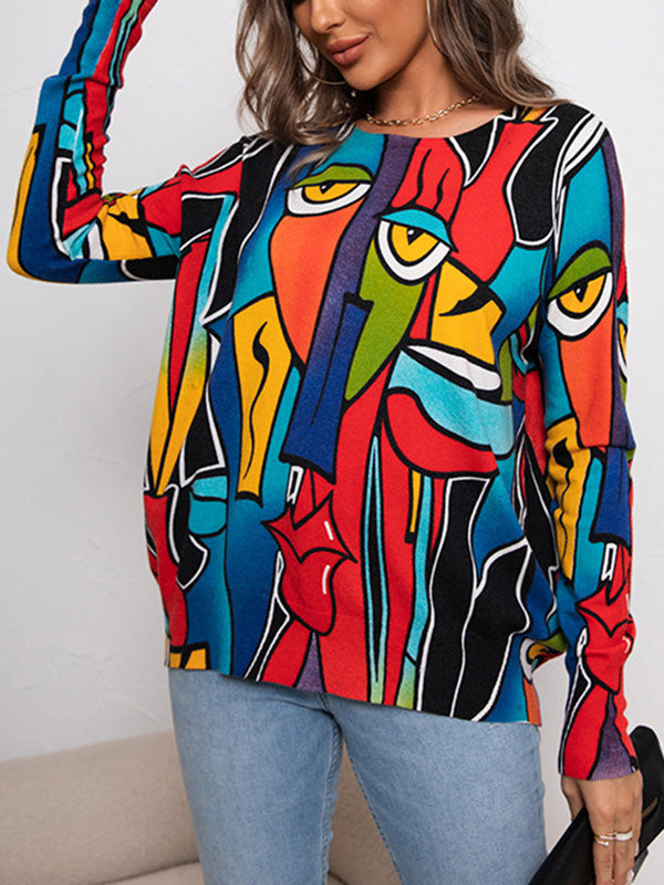 flowersverse Figure Printed Long Sleeves Loose Round-Neck Sweater Tops Pullovers Knitwear
