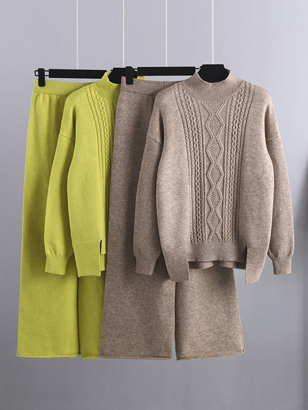 flowersverse Urban Loose Split-Side Half Turtleneck Sweater Tops& Wide Leg Pants Two Pieces Set