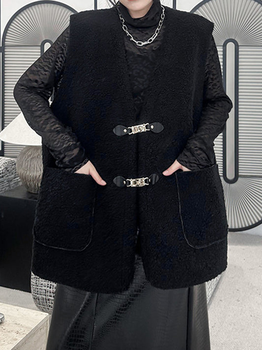 flowersverse Buckle Pockets Velvet Loose Sleeveless V-neck Vest Outerwear