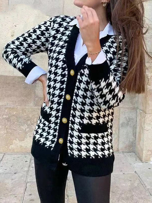flowersverse Urban Long Sleeves Checkered V-Neck Cardigan Tops