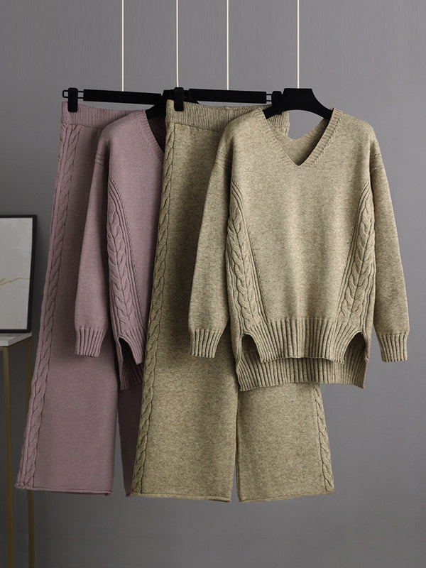 flowersverse Urban Loose Solid Color V-Neck Sweater Tops& Wide Leg Pants Suits