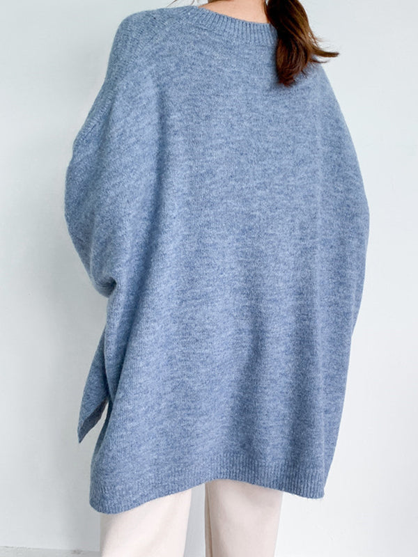 flowersverse Stretch Mohair-Blend Balloon Sleeves Loose Solid Round-Neck Sweater Tops