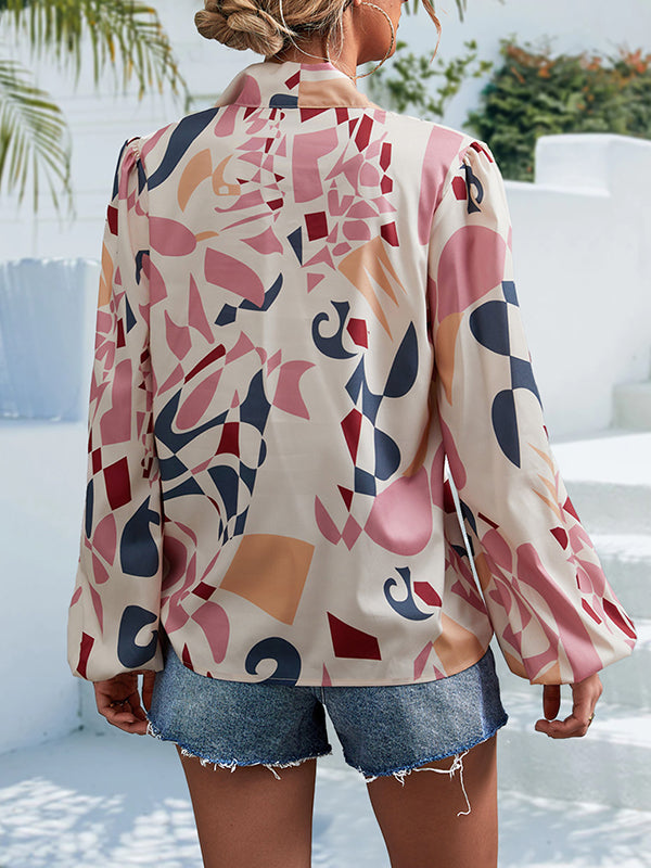 flowersverse Elasticity Printed Tied Bishop Sleeve Long Sleeves V-Neck Blouses&Shirts Tops