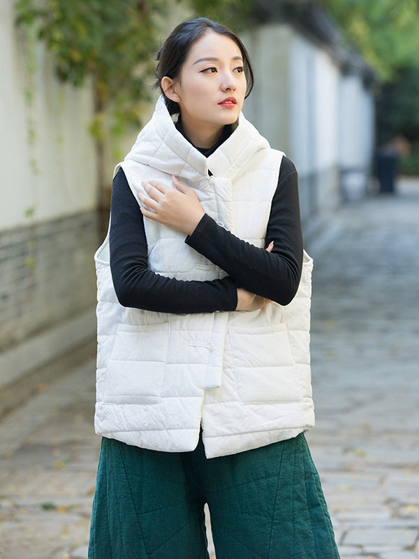 flowersverse Simple Sleeveless Loose Keep Warm Cotton Quilted Solid Color Hooded Vest Outerwear
