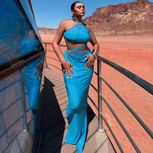 flowersverse Summer Women's Solid Color Hollow Pearl Chain Sexy Low Back Bodycon Dress