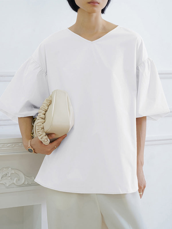 flowersverse Solid Color Half Sleeves Loose V-Neck Blouses&Shirts Tops
