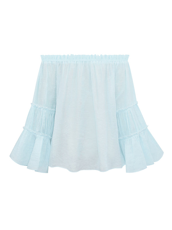 flowersverse Urban Solid Color Pleated Puff Sleeves Off-The-Shoulder Blouse
