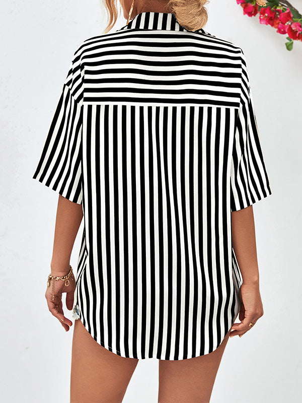 flowersverse Buttoned Striped Half Sleeves Loose Notched Collar Blouses&Shirts Tops