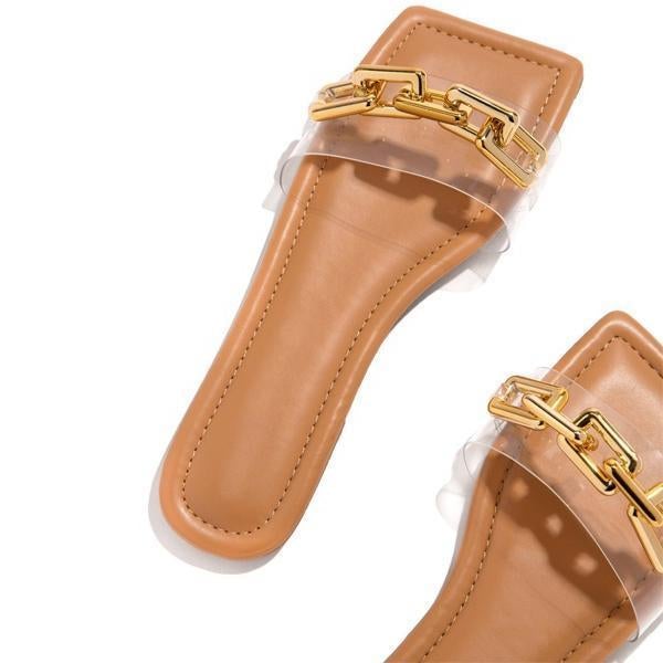 flowersverse Summer Fashion Women Flat Casual Slippers Square Toe Chain Sandals