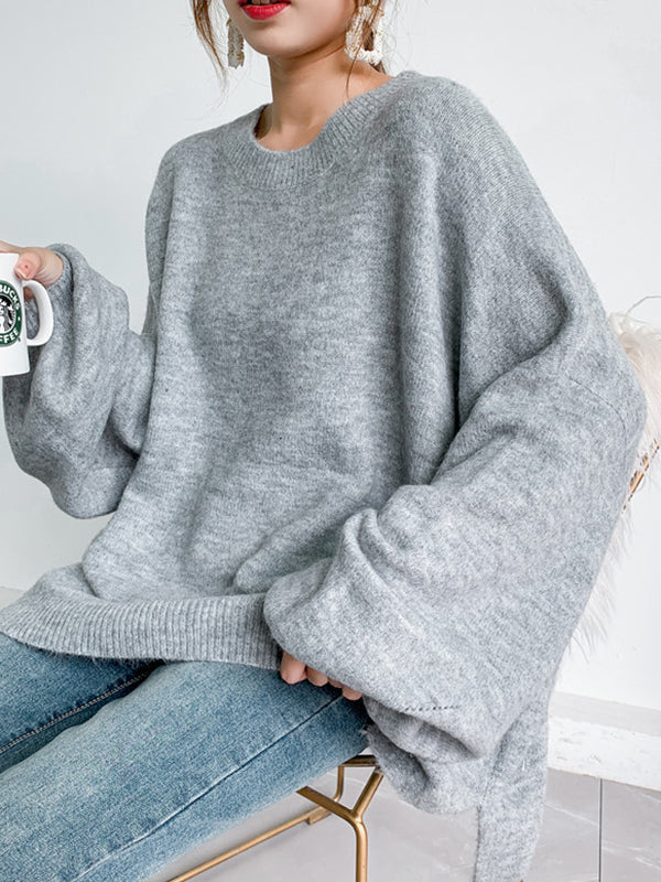 flowersverse Stretch Mohair-Blend Balloon Sleeves Loose Solid Round-Neck Sweater Tops