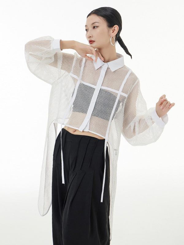 flowersverse Stylish Long Sleeves Loose Mesh See-Through Sun Protection Blouses&Shirts Tops