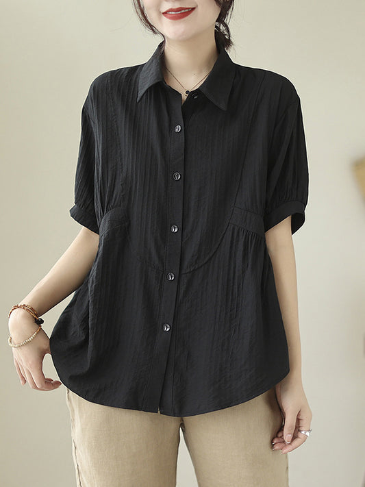 flowersverse Pleated Solid Color Split-Joint Half Sleeves Loose Lapel Blouses&Shirts Tops