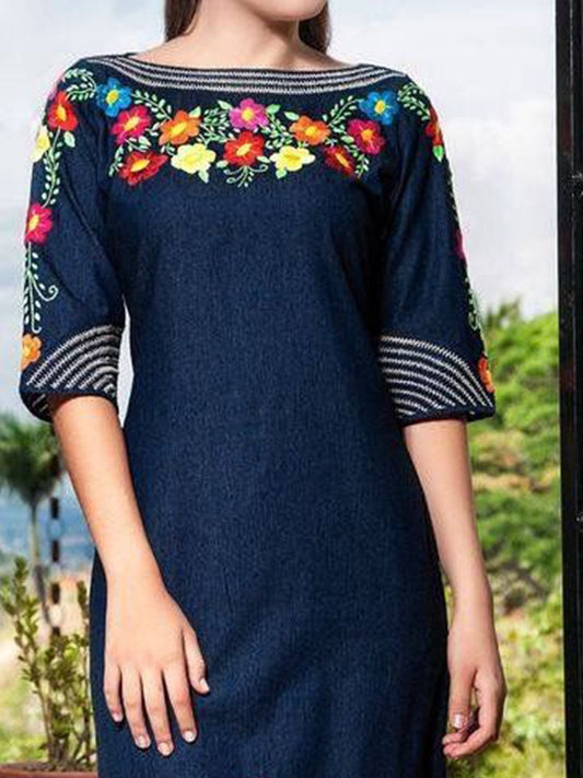 flowersverse Shift Printed Half Sleeve Vintage Weaving Dress