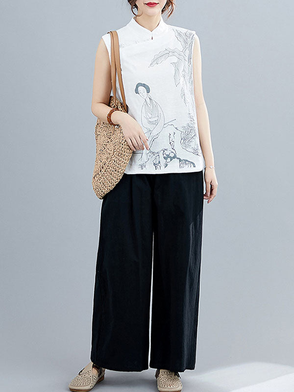 flowersverse Artistic Retro Chinese-Style Printed Buttoned Stand Collar Sleeveless Vest