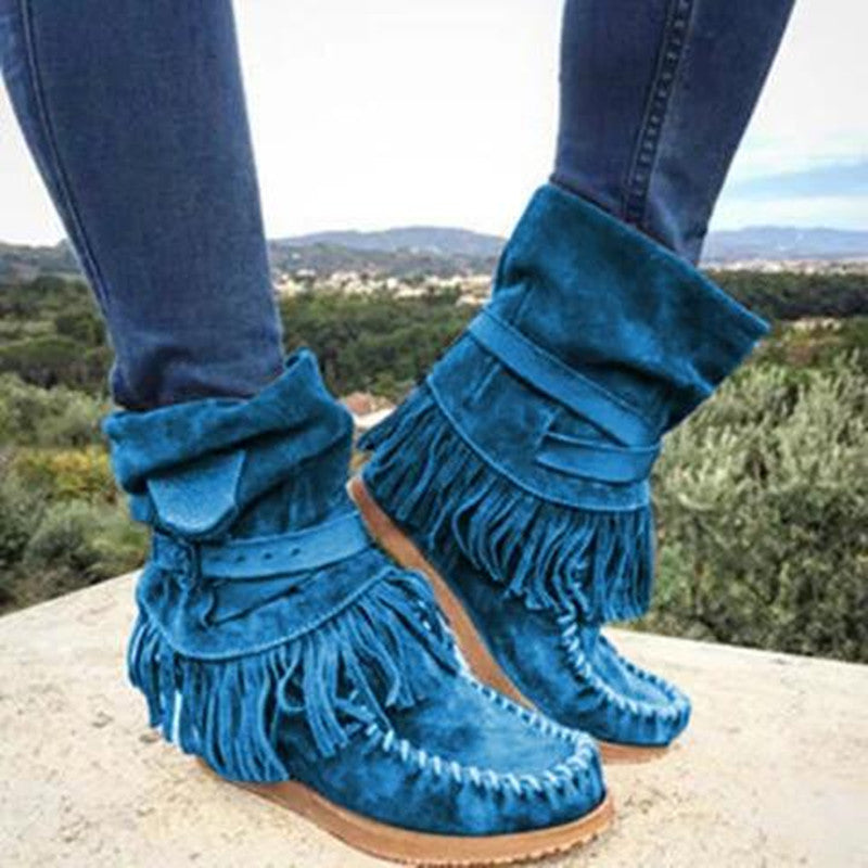 flowersverse Fashion Belt Buckles Tassel Boots