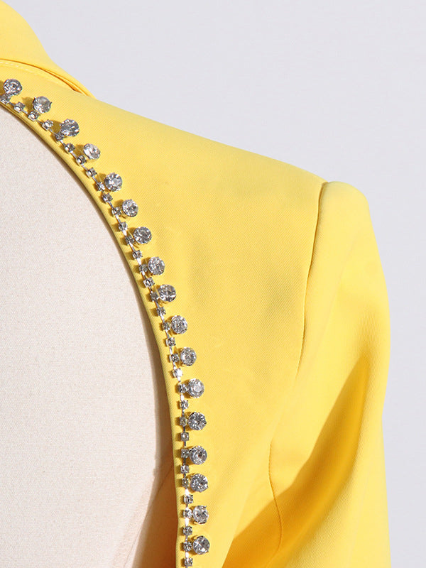 flowersverse Backless Buttoned Hollow Rhine Stones Solid Color Long Sleeves Deep V-Neck Blazer