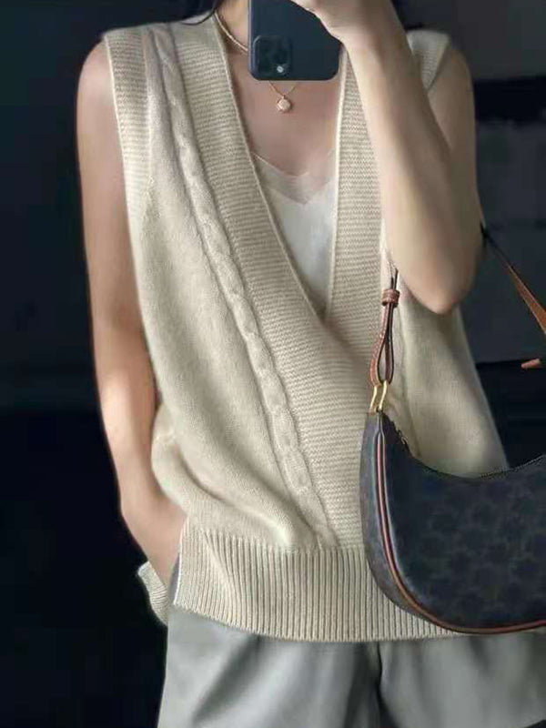 flowersverse Casual Loose Knitting Sleeveless Solid Color V-Neck Vest Top