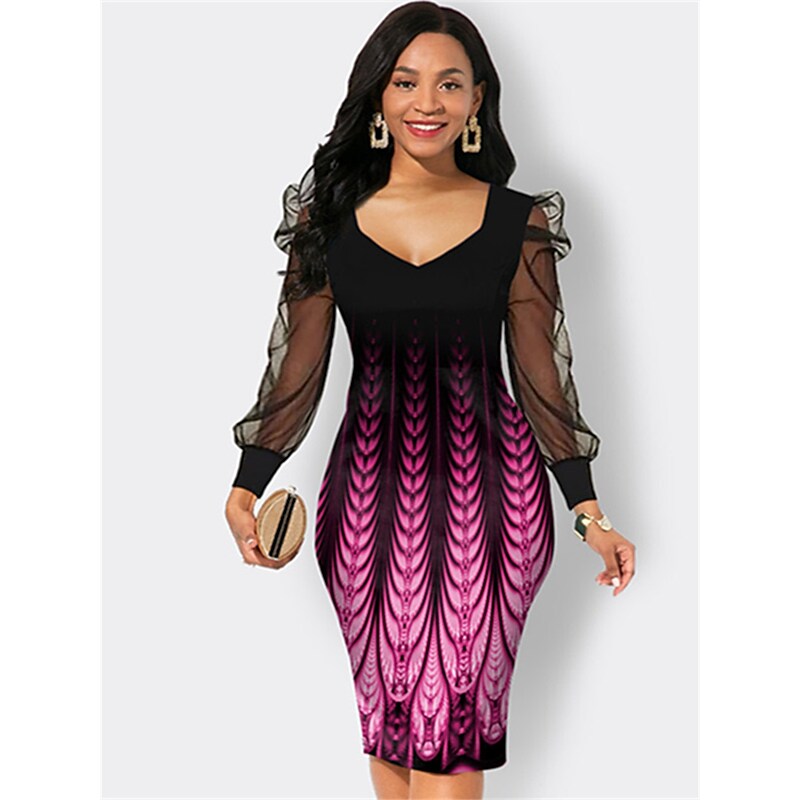 flowersverse Women's Work Dress Sheath Dress Semi Formal Dress Fashion Puff Sleeve Midi Dress Mesh Print V Neck Long Sleeve Graphic Regular Fit Purple Winter Fall S M L XL XXL