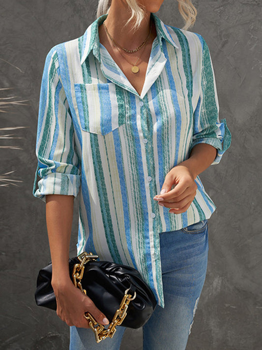 flowersverse Buttoned Pockets Striped High-Low Long Sleeves Lapel Blouses&Shirts Tops