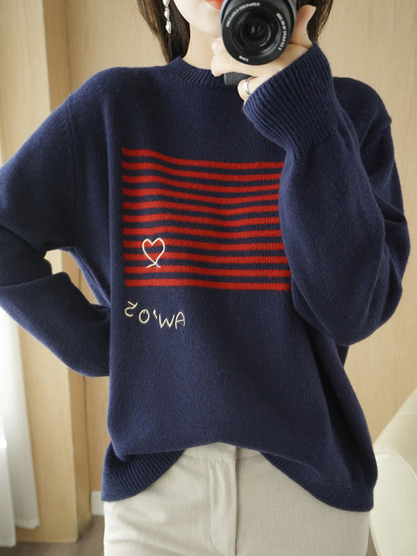 flowersverse Casual Loose Long Sleeves Striped Round-Neck Sweater Tops