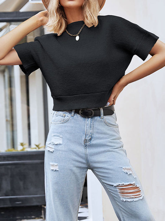 flowersverse Half Sleeves Loose Solid Color Split-Joint Round-Neck Sweater Tops T-Shirts