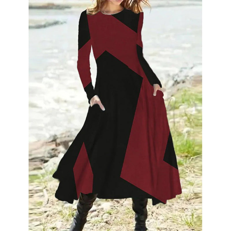 flowersverse Women's Round Neck Casual Ethnic Retro Fashion Long Sleeve Oversized Swing Dress