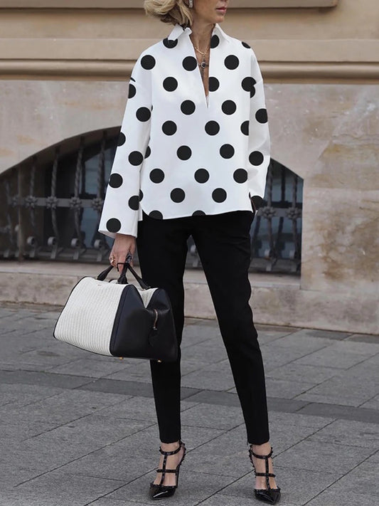 flowersverse Long Sleeves Loose Polka-Dot Lapel Collar Blouses&Shirts Tops