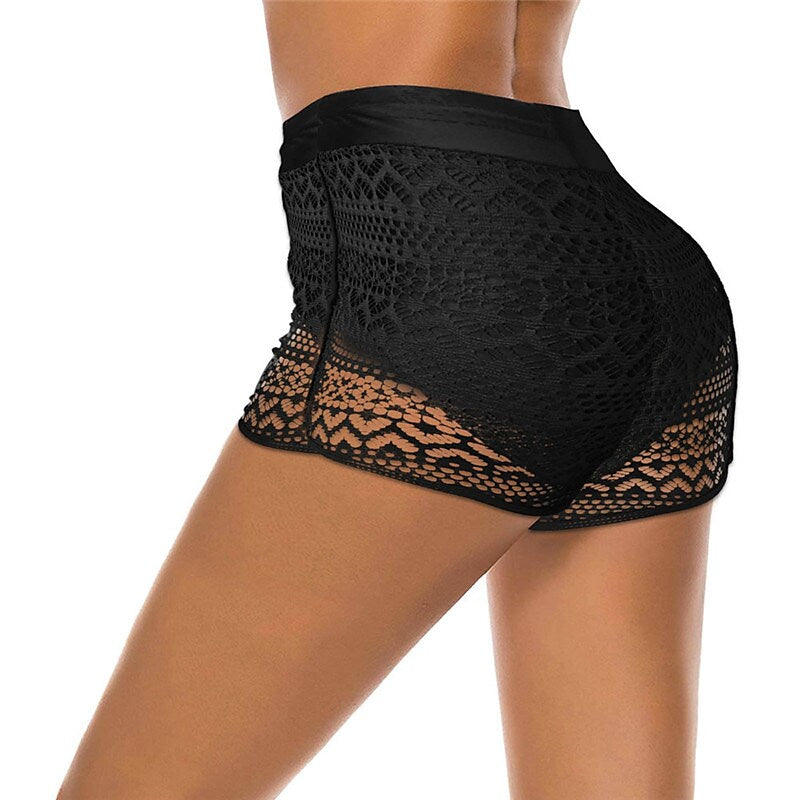 flowersverse Women's Swimwear Cover Up Swim Shorts Plus Size Swimsuit Lace Elastic Waist Pure Color Black Navy Blue Bathing Suits Sports Vacation Neutral