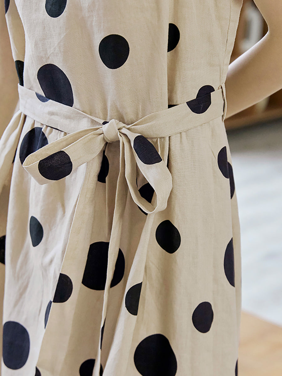 flowersverse Plus Size Women Summer Casual Dot Drawstring Linen Vest Dress