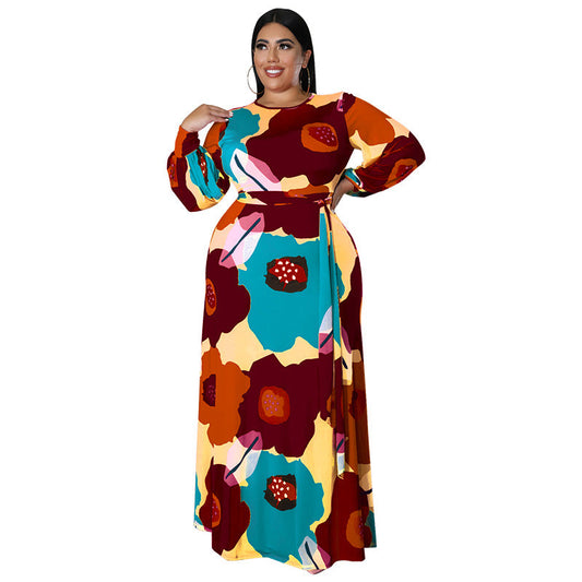 flowersverse Plus Size Digital Printing Women's Long Sleeve Large Flower Printed Fashion Dress
