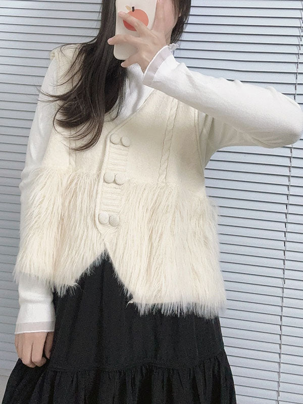 flowersverse Buttoned Solid Color Split-Joint Loose Sleeveless V-Neck Vest Outerwear