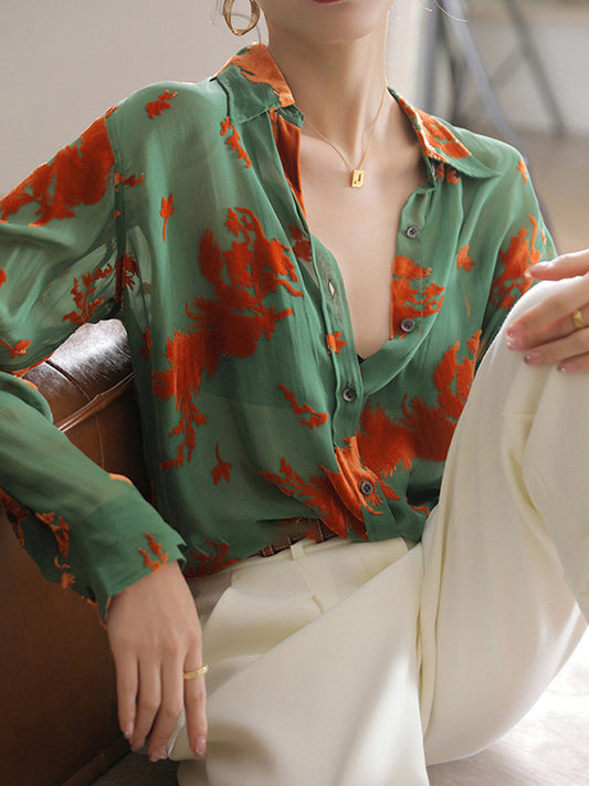 flowersverse Printed See-Through Long Sleeves Lapel Blouses&shirts Tops
