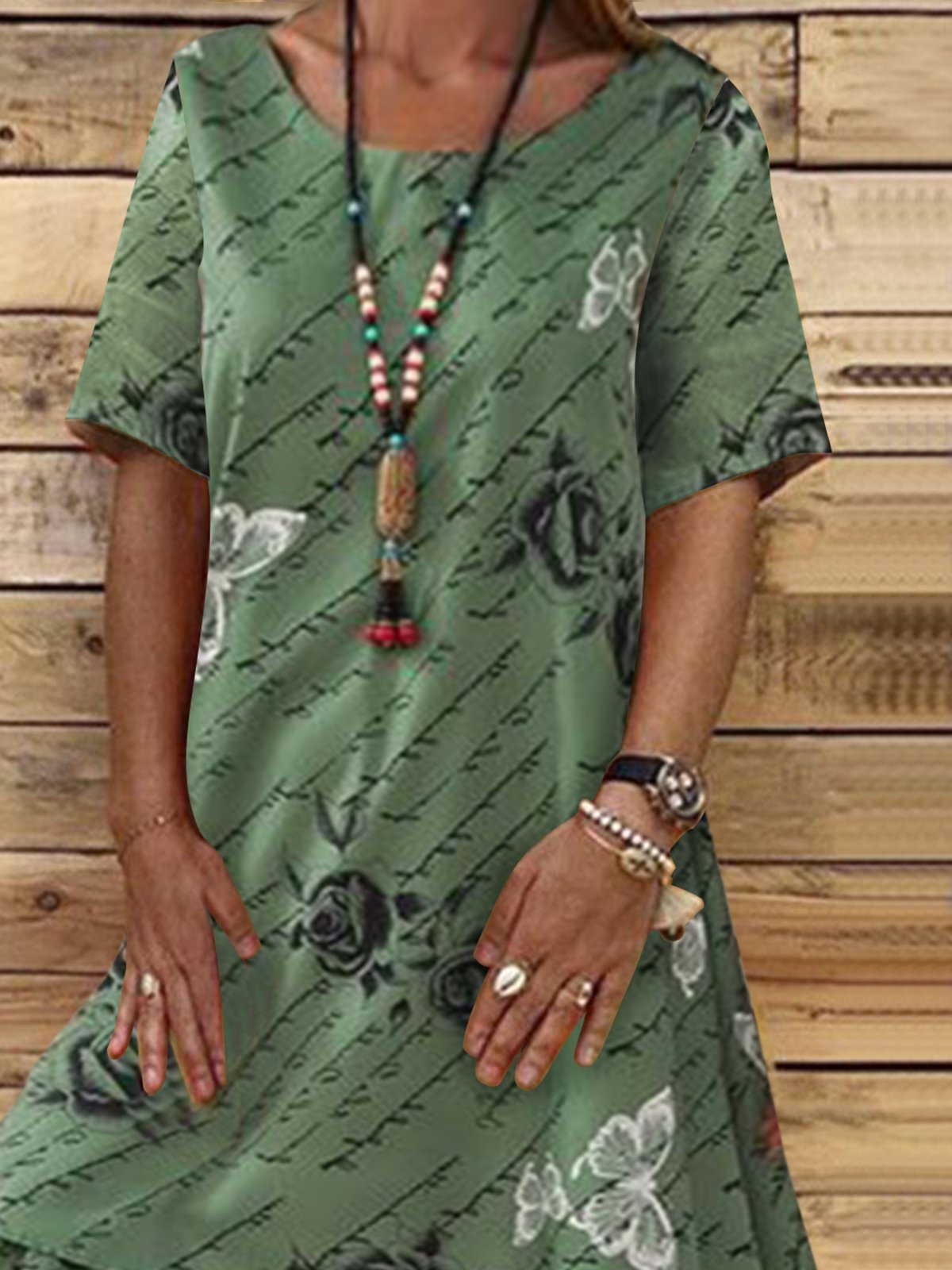 flowersverse Summer new leisure two-piece butterfly and rose A-Line Short Sleeve Casual Weaving Dress