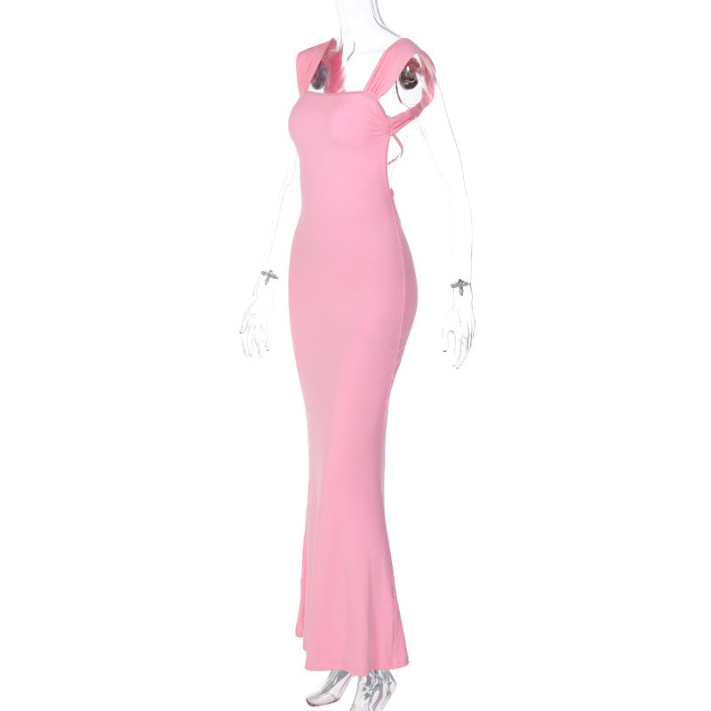 flowersverse Women's Lace-Up Fashion Chic Slim Fit Bodycon Low Back Straps Maxi Dress