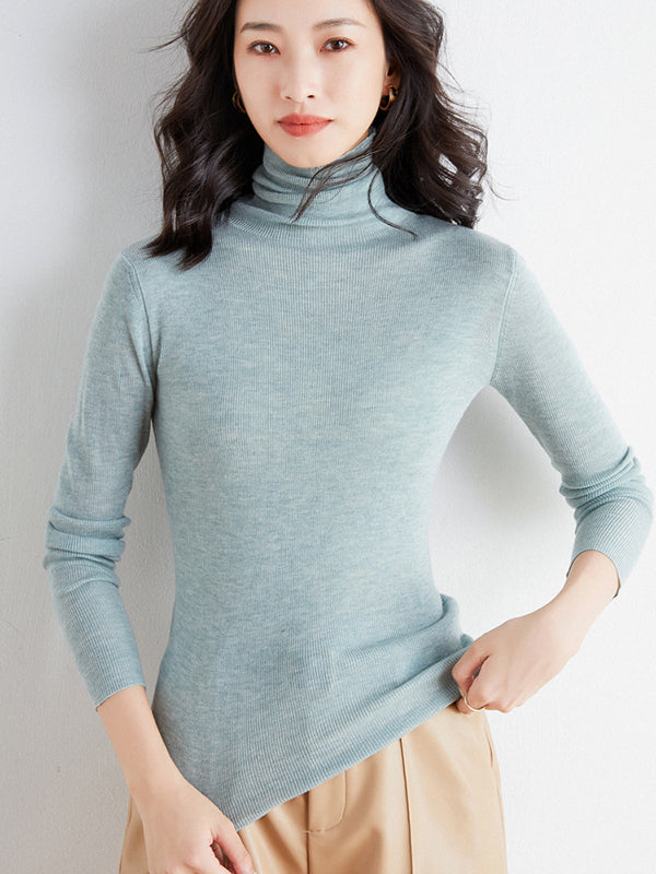 flowersverse Simple Skinny Long Sleeves Solid Color High-Neck Sweater Tops Pullovers