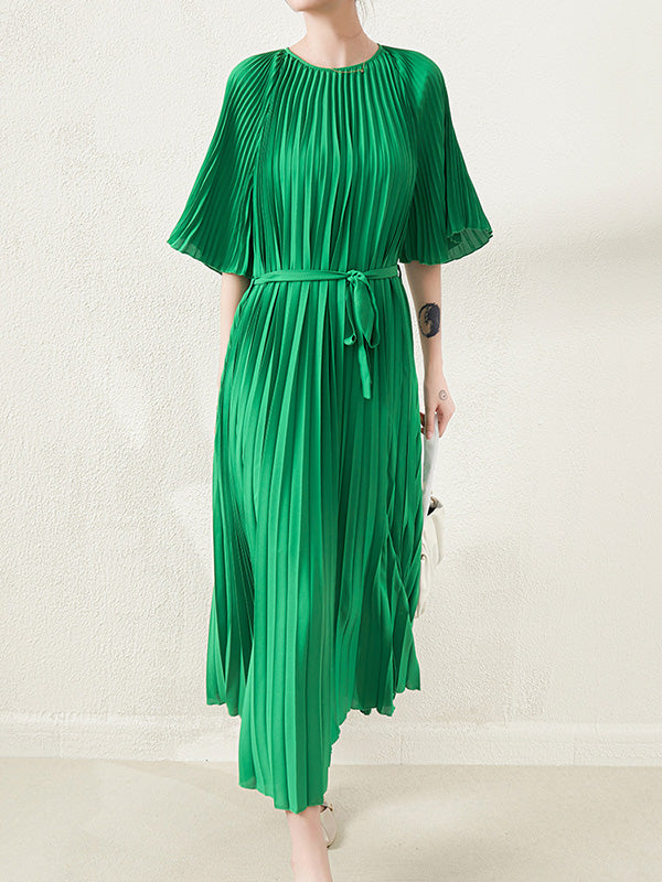 flowersverse Loose Pleated With Waistband Solid Color Round-Neck Maxi Dresses