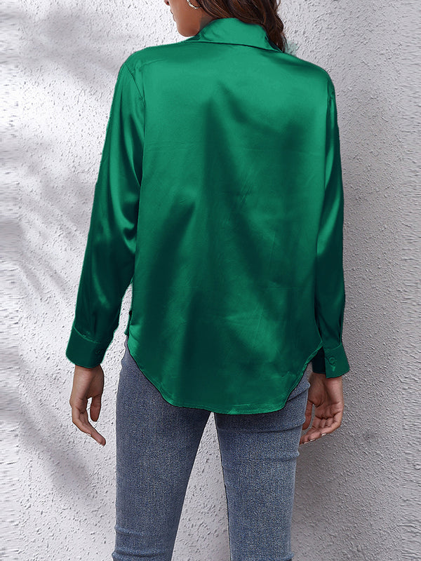 flowersverse Solid Color Long Sleeves Loose Lapel Blouses&Shirts Tops