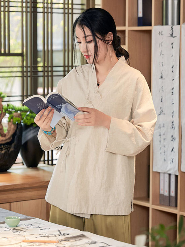 flowersverse Vintage Long Sleeves Loose Buttoned Tied Solid Color V-Neck Outerwear