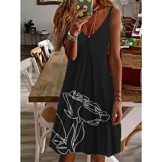 flowersverse Women's Casual Dress Shift Dress Summer Dress Floral Print Strap Mini Dress Fashion Streetwear Outdoor Daily Sleeveless Regular Fit Black White Spring Summer S M L XL XXL