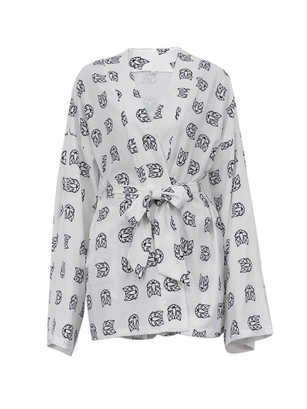 flowersverse Loose Printed Long Sleeves Tied Waist Robes + High-Waisted Short Bottom Robes Pajama Sets