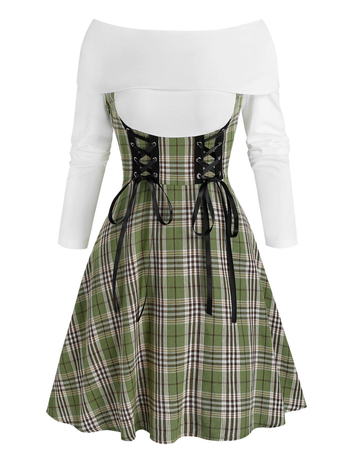 flowersverse Fashion Plus Size Women Off The Shoulder Lace Up Plaid Dress Long Sleeves Mini Fall Spring Casual Dress Vintage Robe